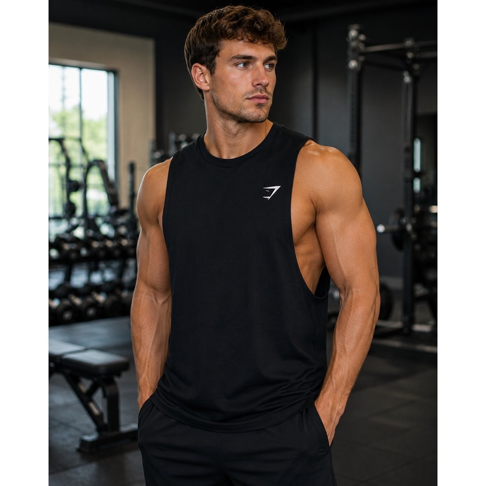 Gymshark Mens Drop Armhole Tank Top Black Muscle Tee Size L Logo Training Shirt